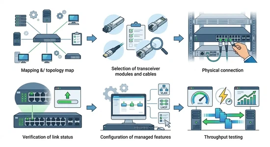 Step-by-step deployment diagram for installing and configuring a 10G SFP+ switch Step-by-step deployment diagram for installing and configuring a 10G SFP+ switch